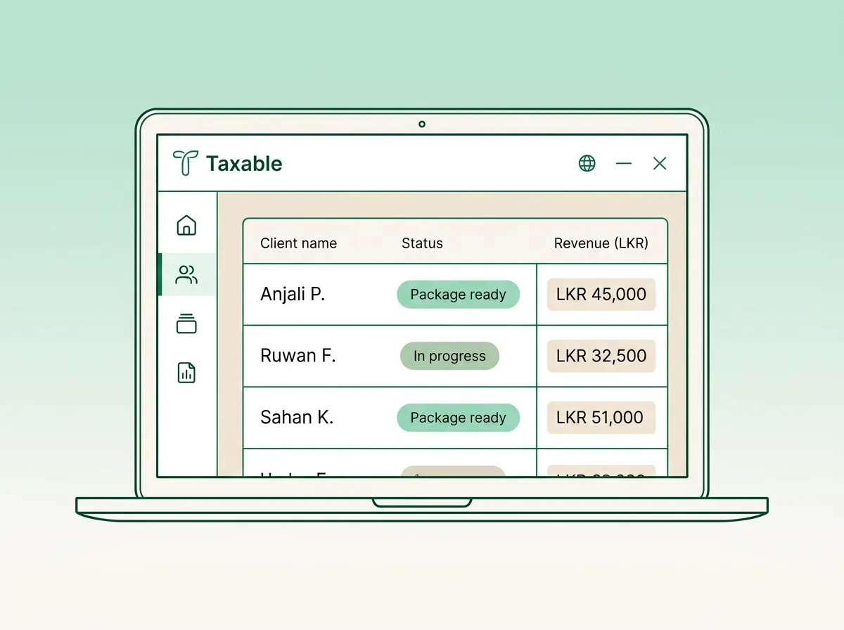 Taxable agency dashboard showing a client list with package-ready and in-progress statuses